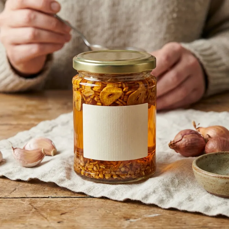 A jar of Garlic Crisp, golden with fried garlic
