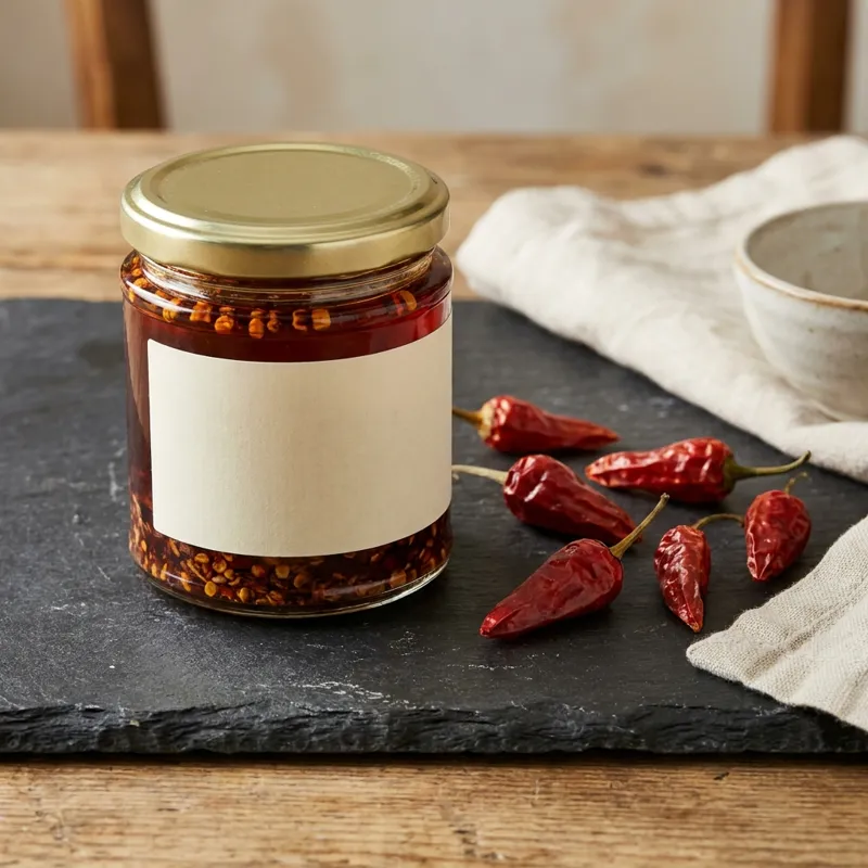 A jar of Extra Hot beside dried lantern chillies