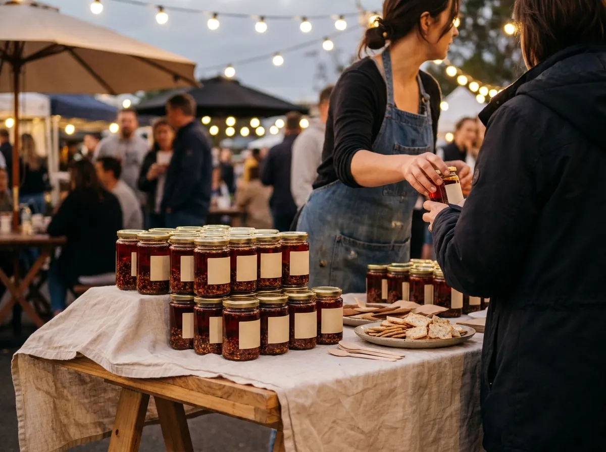The Lanternhouse stall at the night market, jars and crackers on a trestle table